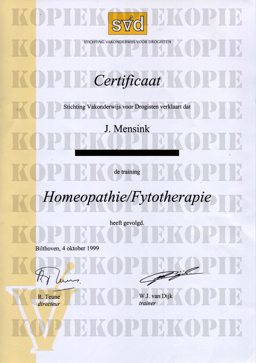 Certifcaat Vakonderwijs voor Drogisten -Homeopathie en Fytotherapie