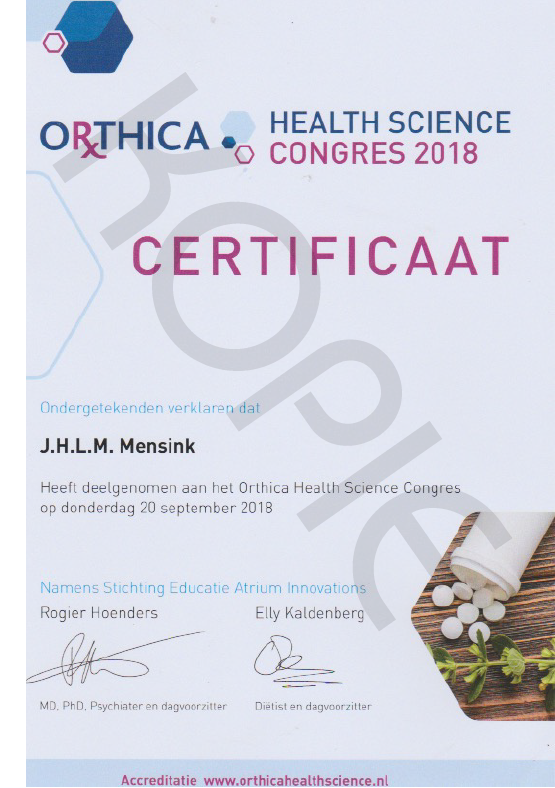 Getuigschrift Orthica Health Science Congres